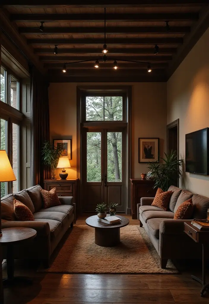27 Black and Wood Living Room Decor Ideas That Feel Sleek and Cozy 29 27 Black and Wood Living Room Decor Ideas That Feel Sleek and Cozy - 5. Warm Lighting with Black Fixtures