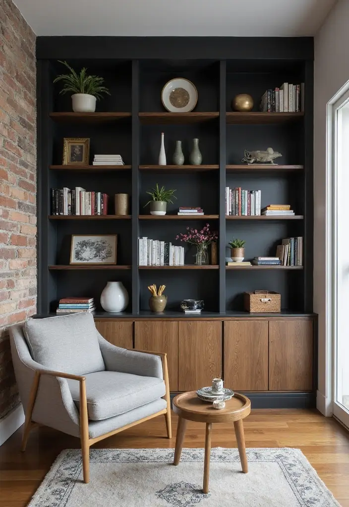 27 Black and Wood Living Room Decor Ideas That Feel Sleek and Cozy 34 27 Black and Wood Living Room Decor Ideas That Feel Sleek and Cozy - 6. Black and Wood Shelving