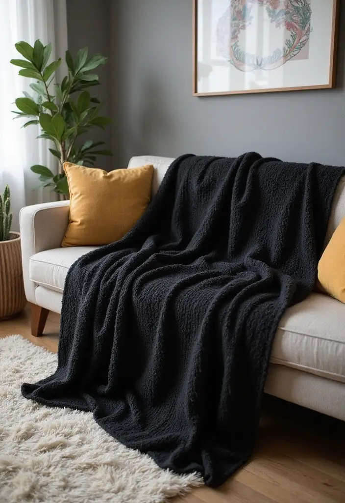27 Black and Wood Living Room Decor Ideas That Feel Sleek and Cozy 41 27 Black and Wood Living Room Decor Ideas That Feel Sleek and Cozy - 7. Textured Black Throw Blankets