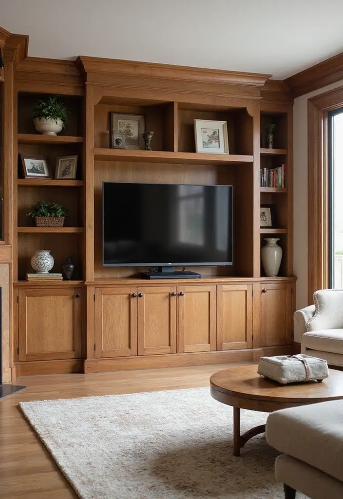27 Brown Wood Living Room Decor Ideas That Feel Cozy and Balanced - 11. Use Brown Wood for Built-Ins