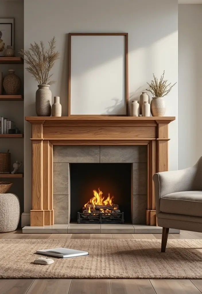 27 Brown Wood Living Room Decor Ideas That Feel Cozy and Balanced - 13. Add a Brown Wood Fireplace Mantel