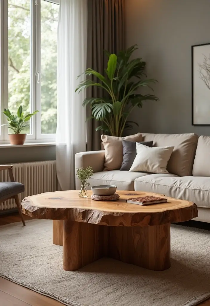 27 Brown Wood Living Room Decor Ideas That Feel Cozy and Balanced - 15. Incorporate a Wood Slab Coffee Table