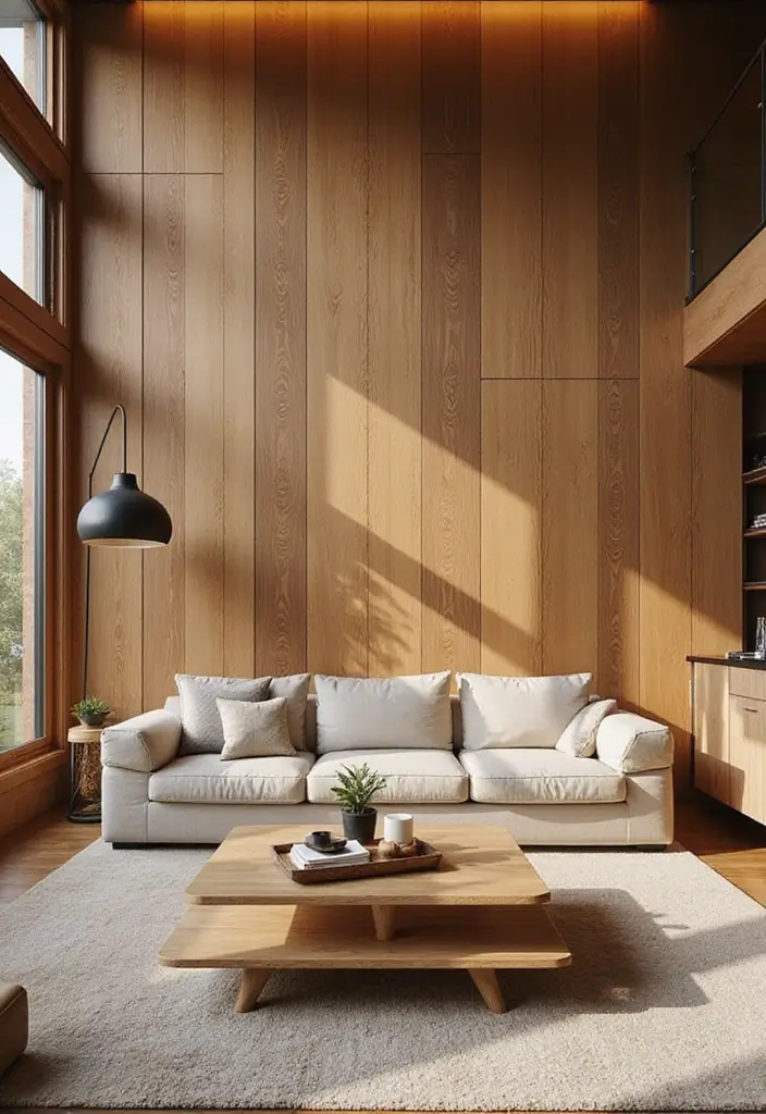 27 Brown Wood Living Room Decor Ideas That Feel Cozy and Balanced - 16. Utilize Wooden Wall Panels