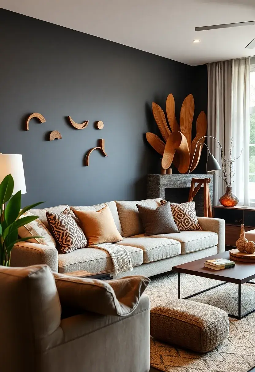 27 Brown Wood Living Room Decor Ideas That Feel Cozy and Balanced - 20. Go for Wooden Sculptural Pieces