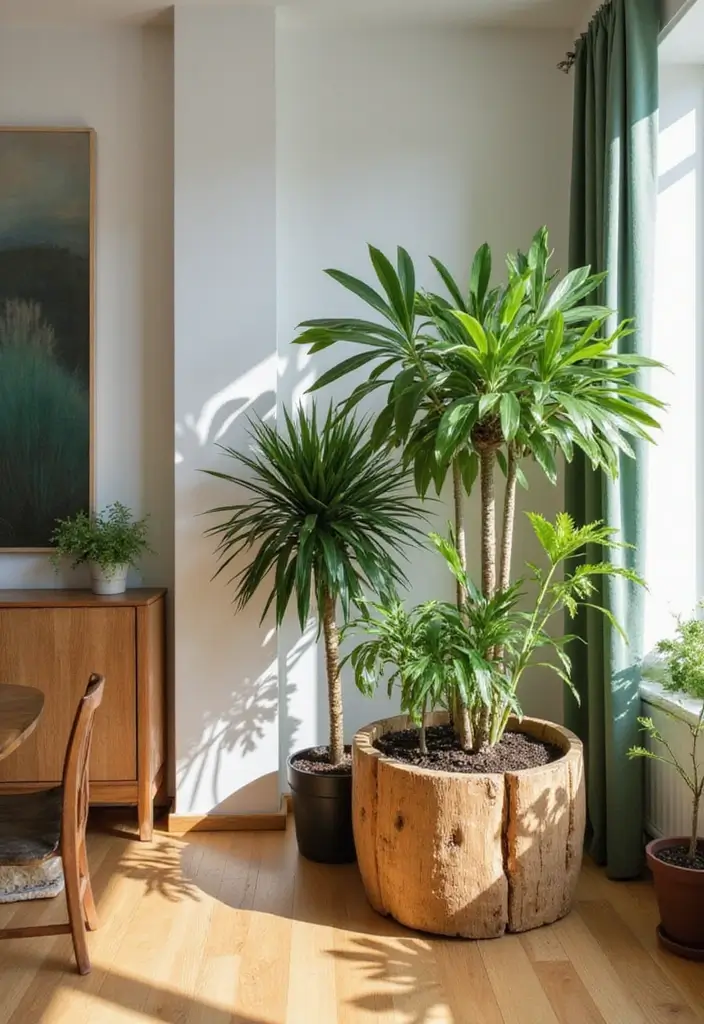 27 Brown Wood Living Room Decor Ideas That Feel Cozy and Balanced - 26. Use Wooden Planters for Indoor Plants