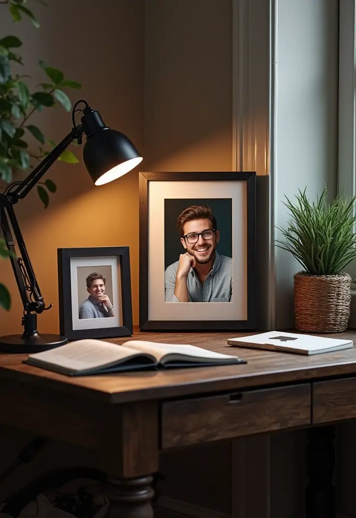 27 Dark Wood Desk Decor Ideas for a Stylish Home Office 16 27 Dark Wood Desk Decor Ideas for a Stylish Home Office - 8. Personalized Touch with Photos