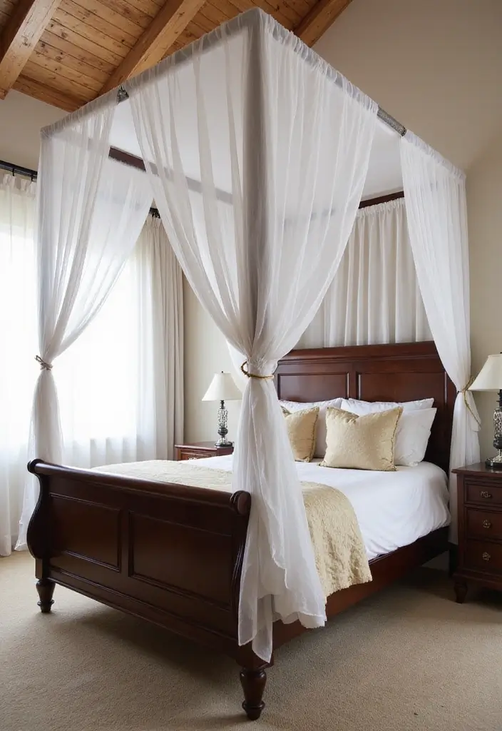 27 Dark Wood and White Decor Ideas for Bright Balanced Interiors - 16. Incorporate a Canopy