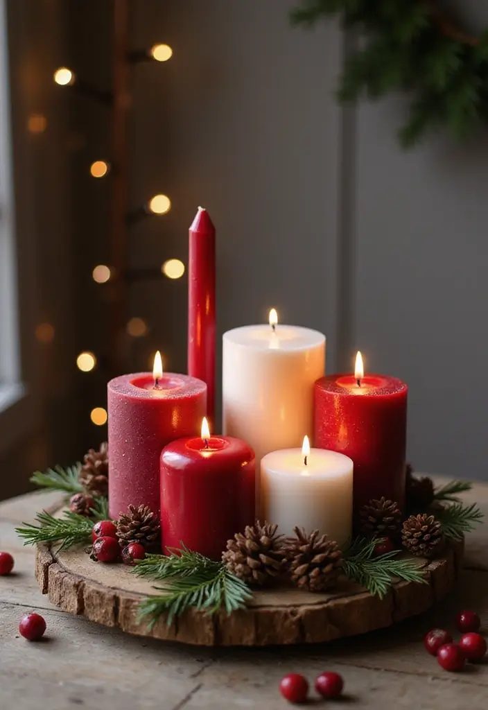 27 Red White and Wood Christmas Decor Ideas for Holiday Warmth - 10. Candle Displays