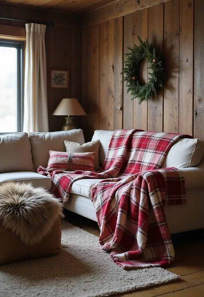 27 Red White and Wood Christmas Decor Ideas for Holiday Warmth - 11. Cozy Blanket Throws