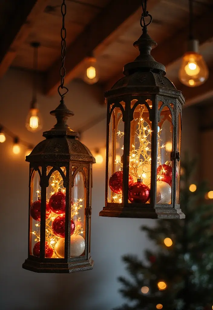 27 Red White and Wood Christmas Decor Ideas for Holiday Warmth - 19. Decorative Lanterns with Twinkling Lights