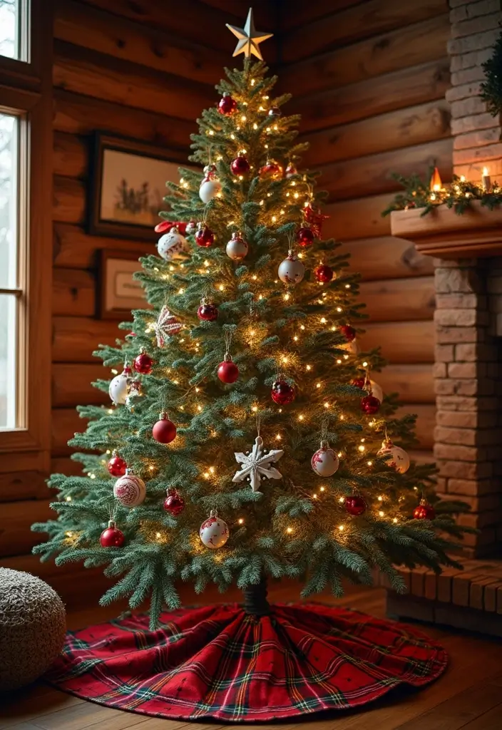 27 Red White and Wood Christmas Decor Ideas for Holiday Warmth - 2. Cozy Cabin Christmas Tree