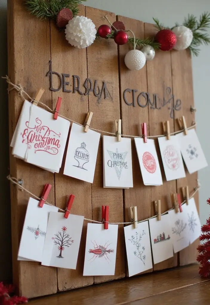 27 Red White and Wood Christmas Decor Ideas for Holiday Warmth - 24. Handmade Holiday Cards Display