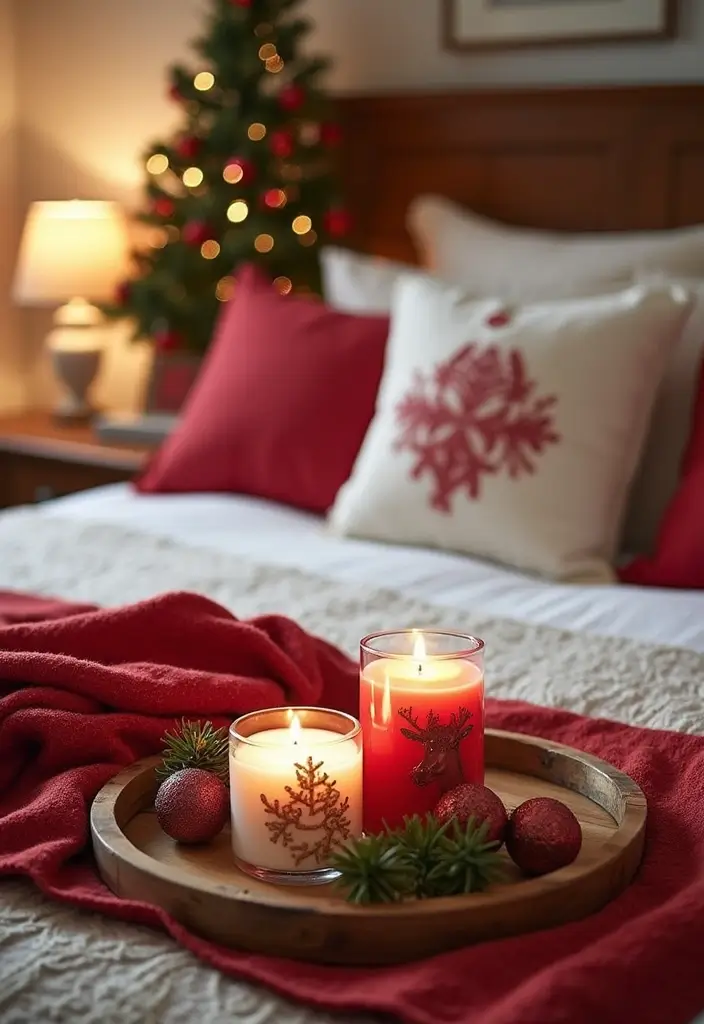 27 Red White and Wood Christmas Decor Ideas for Holiday Warmth - 26. Seasonal Bedroom Decor