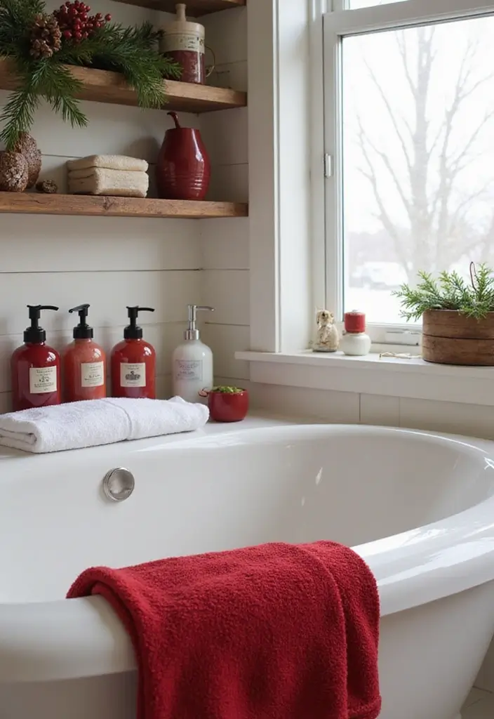 27 Red White and Wood Christmas Decor Ideas for Holiday Warmth - 27. Holiday-Themed Bath Decor