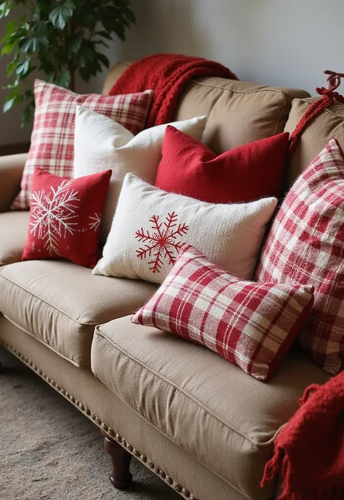 27 Red White and Wood Christmas Decor Ideas for Holiday Warmth - 5. Holiday Pillow Accents