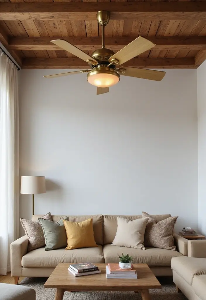 28 Gold and Wood Living Room Decor Ideas That Feel Luxurious 48 28 Gold and Wood Living Room Decor Ideas That Feel Luxurious - 16. Gold Ceiling Fan