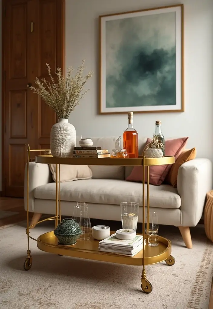 28 Gold and Wood Living Room Decor Ideas That Feel Luxurious 52 28 Gold and Wood Living Room Decor Ideas That Feel Luxurious - 18. Gold Serving Cart