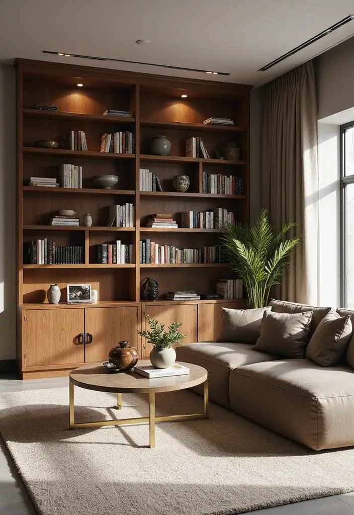 28 Gold and Wood Living Room Decor Ideas That Feel Luxurious 64 28 Gold and Wood Living Room Decor Ideas That Feel Luxurious - 22. Gold and Wood Bookshelves