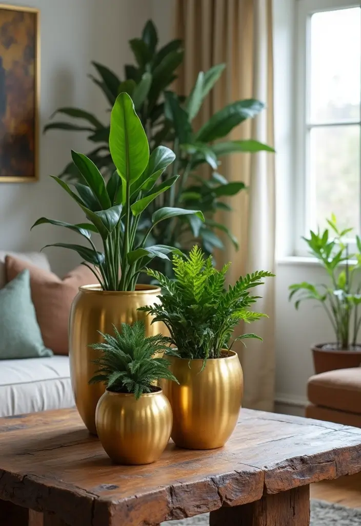 28 Gold and Wood Living Room Decor Ideas That Feel Luxurious 72 28 Gold and Wood Living Room Decor Ideas That Feel Luxurious - 26. Gold Planters