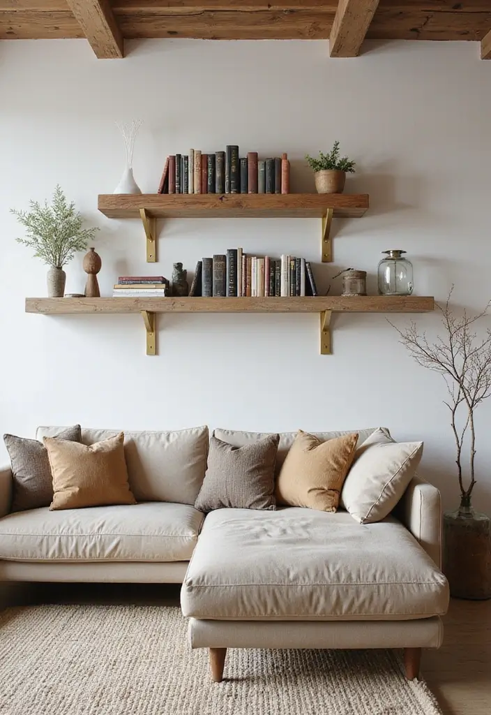 28 Gold and Wood Living Room Decor Ideas That Feel Luxurious 75 28 Gold and Wood Living Room Decor Ideas That Feel Luxurious - 27. Gold Wall Shelves