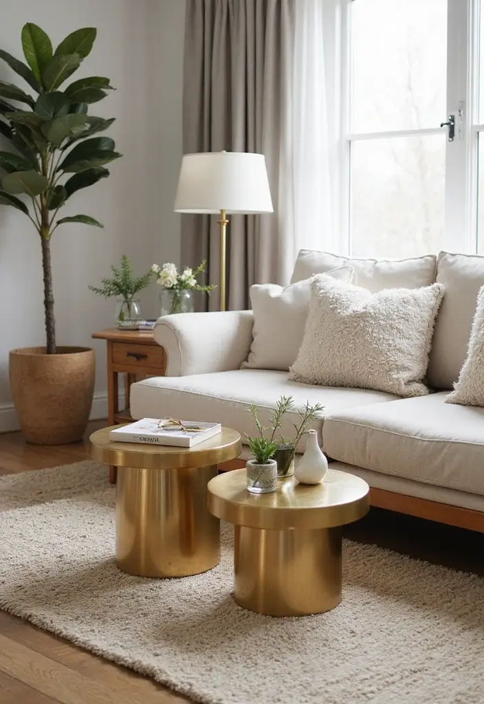 28 Gold and Wood Living Room Decor Ideas That Feel Luxurious 10 28 Gold and Wood Living Room Decor Ideas That Feel Luxurious - 4. Gold Side Tables