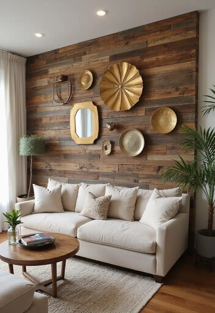 28 Gold and Wood Living Room Decor Ideas That Feel Luxurious 32 28 Gold and Wood Living Room Decor Ideas That Feel Luxurious - 8. Wooden Accent Wall with Gold Decor