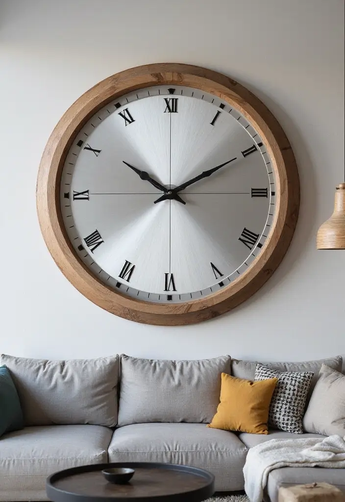 28 Silver and Wood Living Room Decor Ideas for Elegant Contrast - 12. Silver Wall Clocks with Wooden Accents