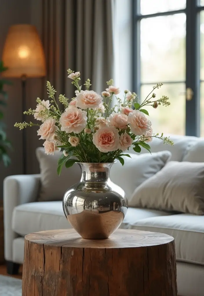28 Silver and Wood Living Room Decor Ideas for Elegant Contrast - 15. Silver Vases on Wooden Stands