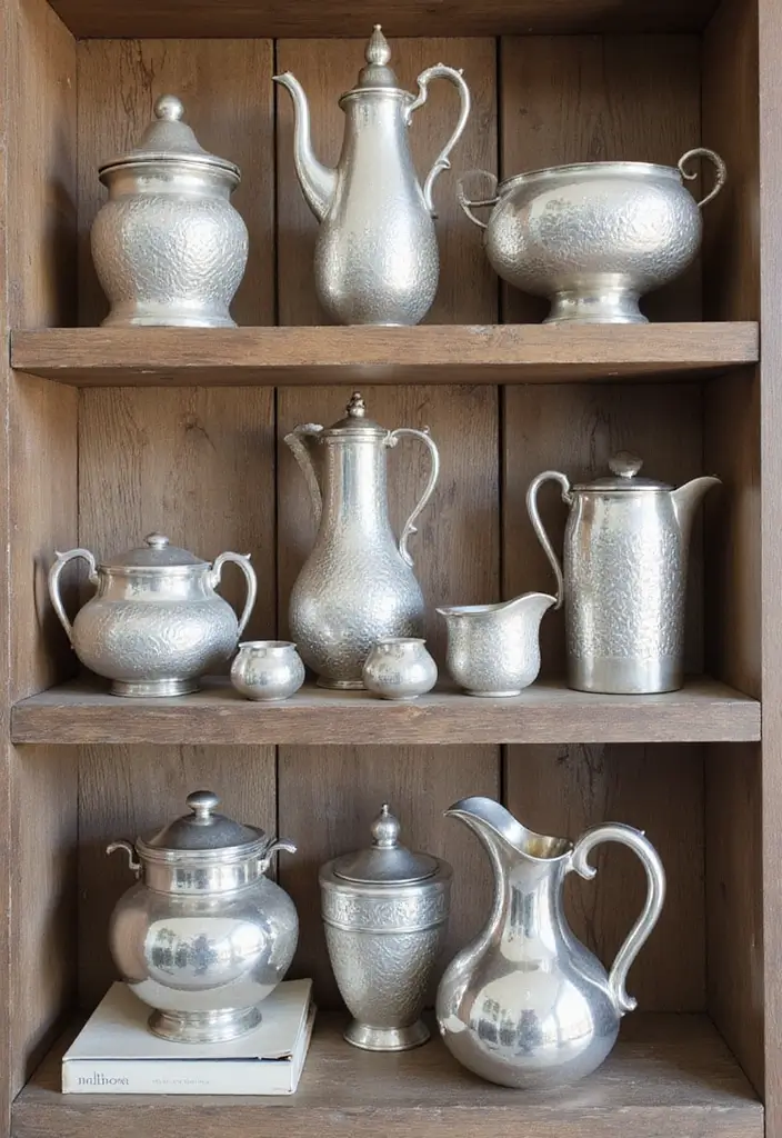 28 Silver and Wood Living Room Decor Ideas for Elegant Contrast - 16. Silver Decorative Objects on Wooden Shelving