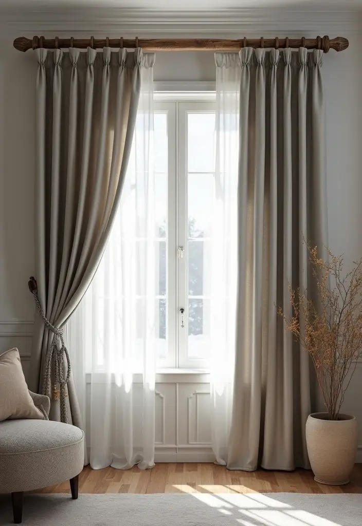 28 Silver and Wood Living Room Decor Ideas for Elegant Contrast - 17. Silver Curtains with Wooden Rods