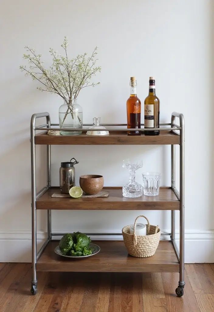 28 Silver and Wood Living Room Decor Ideas for Elegant Contrast - 19. Silver Bar Carts with Wooden Details