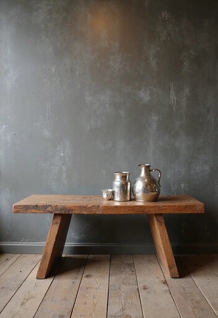 28 Silver and Wood Living Room Decor Ideas for Elegant Contrast - 24. Silver Decor Accessories on Wooden Benches