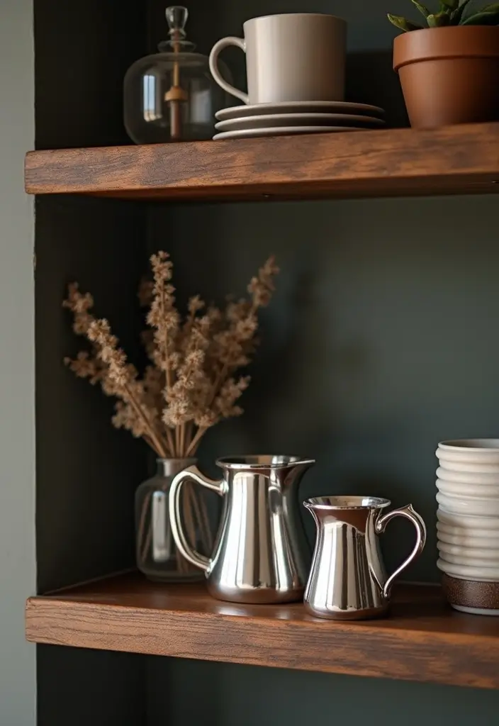 28 Silver and Wood Living Room Decor Ideas for Elegant Contrast - 25. Silver Coffee Mugs Displayed on Wooden Shelves