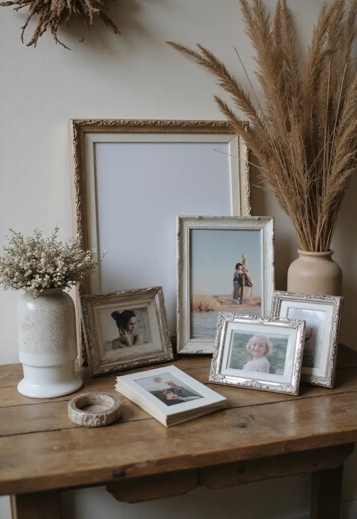 28 Silver and Wood Living Room Decor Ideas for Elegant Contrast - 26. Silver Framed Photos on Wooden Tables