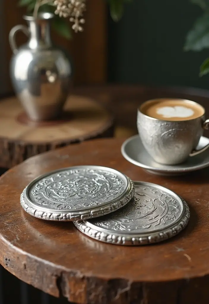 28 Silver and Wood Living Room Decor Ideas for Elegant Contrast - 27. Silver Coasters on Wooden Furniture