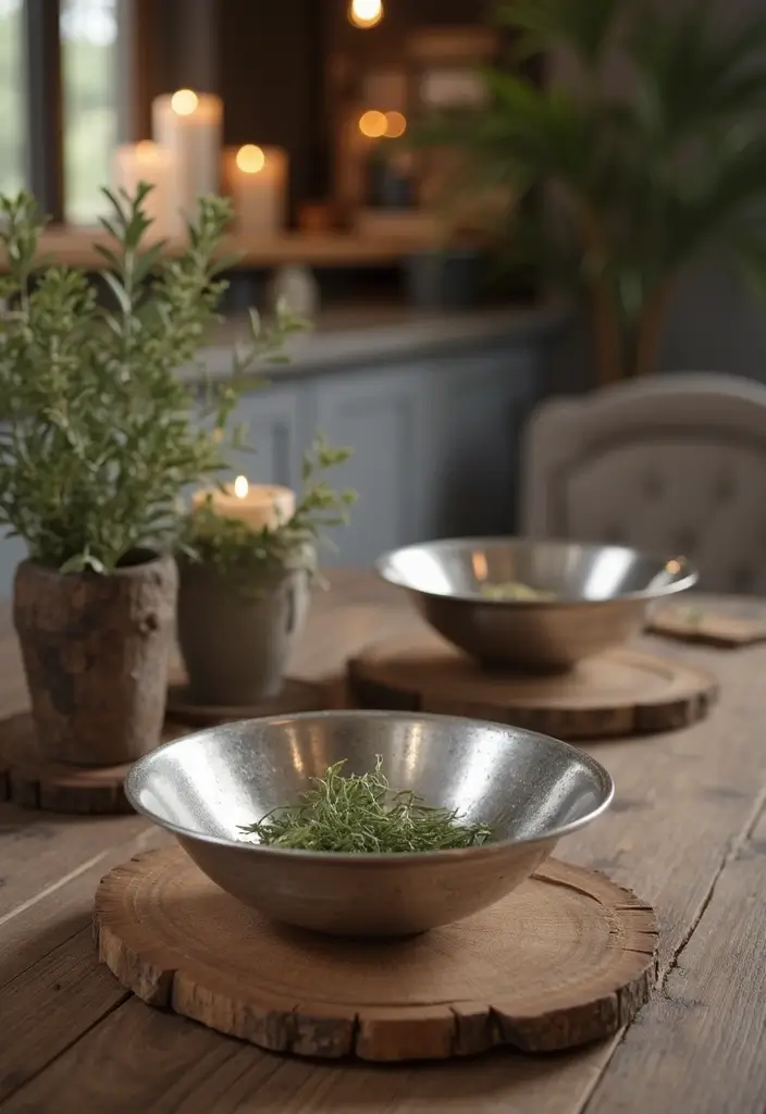 28 Silver and Wood Living Room Decor Ideas for Elegant Contrast - 28. Silver Decorative Bowls on Wooden Surfaces
