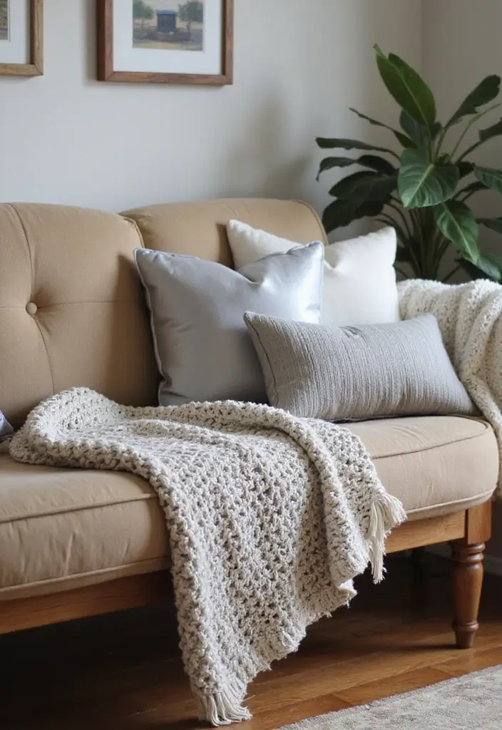 28 Silver and Wood Living Room Decor Ideas for Elegant Contrast - 4. Silver Decorative Pillows on Wooden Sofas