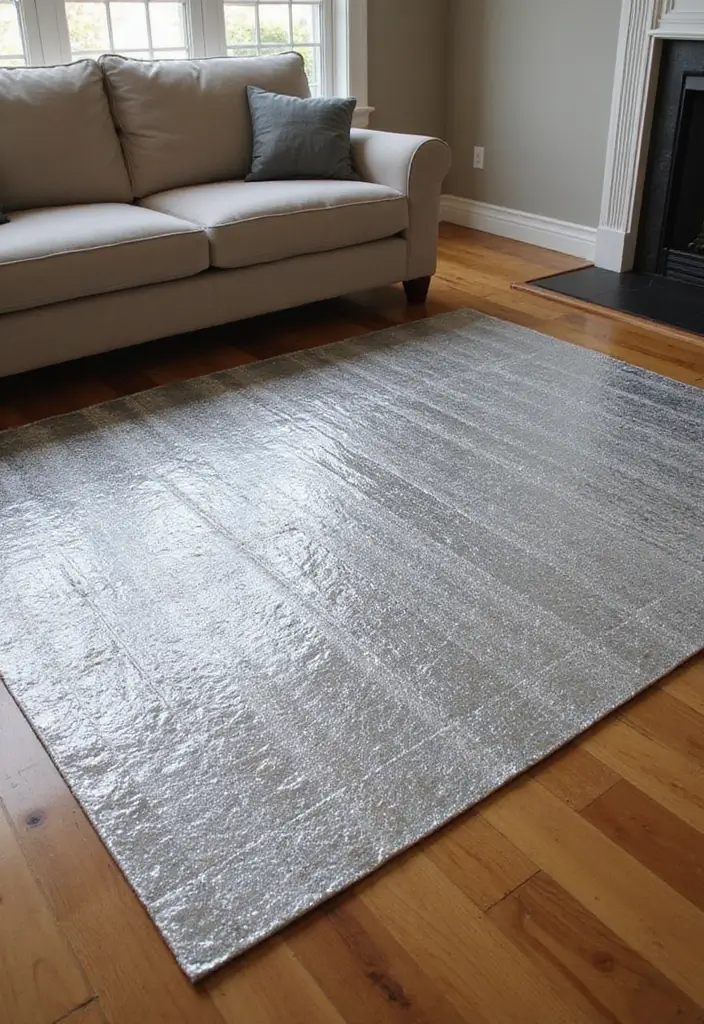 28 Silver and Wood Living Room Decor Ideas for Elegant Contrast - 6. Metallic Silver Rugs on Wooden Floors