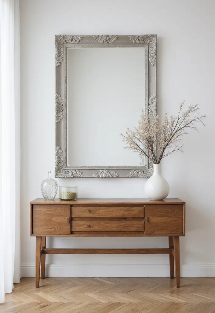 28 Silver and Wood Living Room Decor Ideas for Elegant Contrast - 8. Silver Mirrors in Wooden Frames