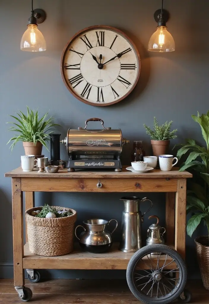28 Silver and Wood Living Room Decor Ideas for Elegant Contrast - 9. Silver and Wood Coffee Station