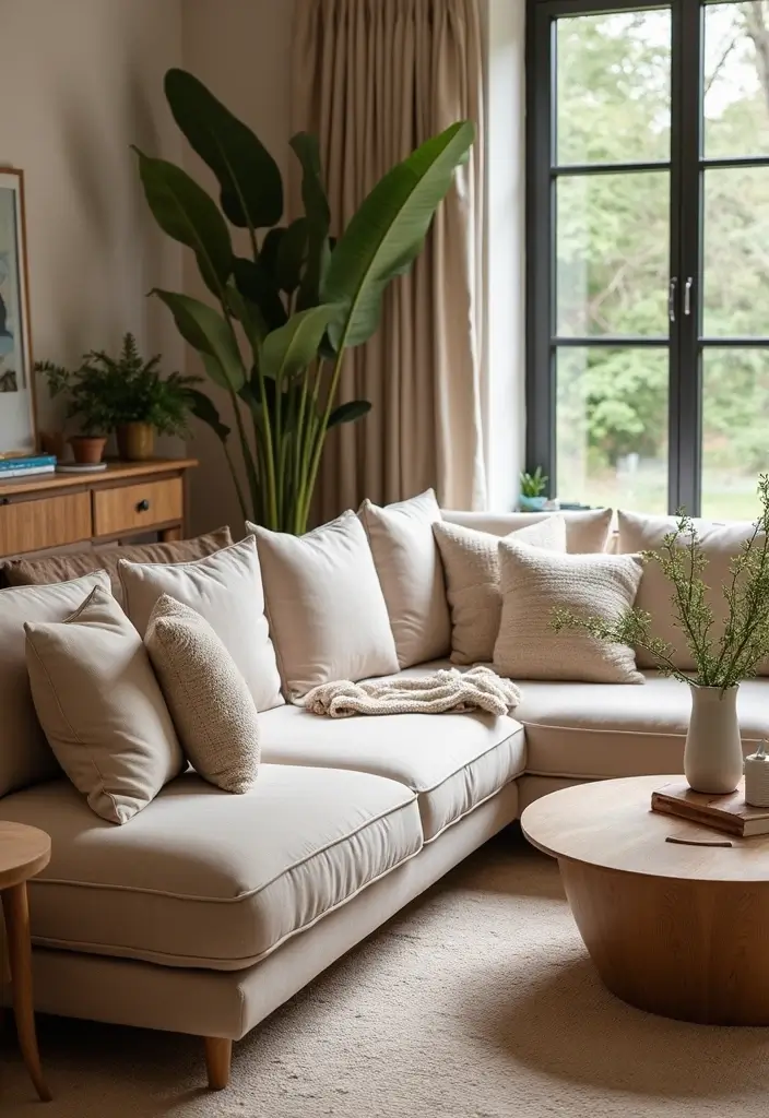 30 Beige and Wood Living Room Decor Ideas for a Soft Natural Style - 1. Earthy Beige Sofa