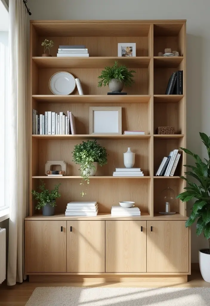 30 Beige and Wood Living Room Decor Ideas for a Soft Natural Style - 11. Beige and Wood Bookshelves