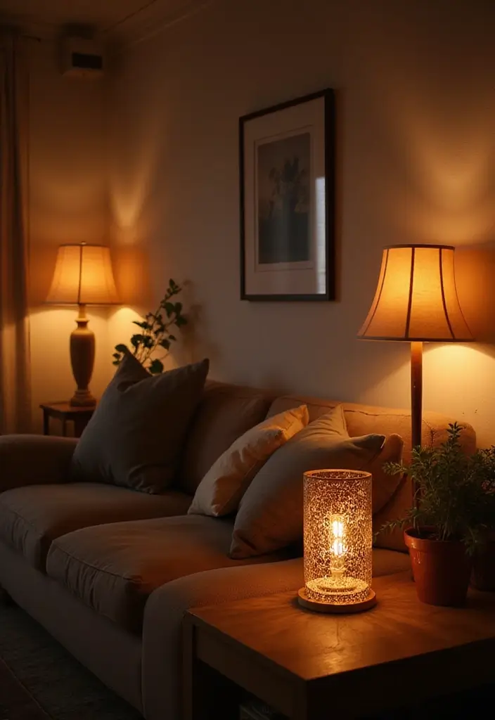 30 Beige and Wood Living Room Decor Ideas for a Soft Natural Style - 14. Warm Lighting Fixtures