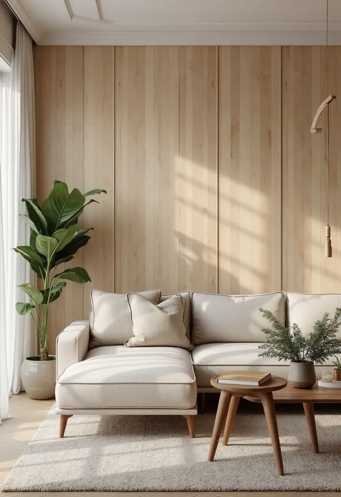 30 Beige and Wood Living Room Decor Ideas for a Soft Natural Style - 17. DIY Wooden Wall Panels