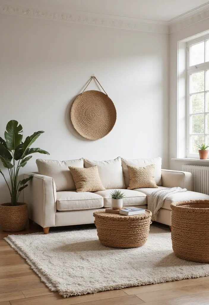 30 Beige and Wood Living Room Decor Ideas for a Soft Natural Style - 18. Decorative Baskets