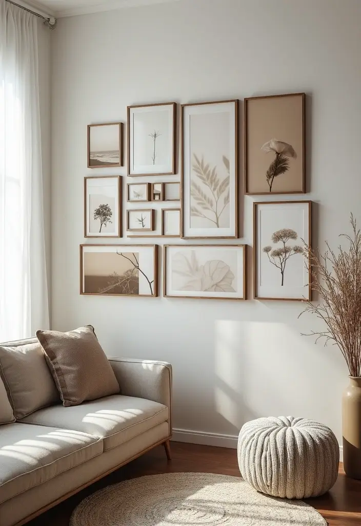 30 Beige and Wood Living Room Decor Ideas for a Soft Natural Style - 22. Personalized Gallery Walls