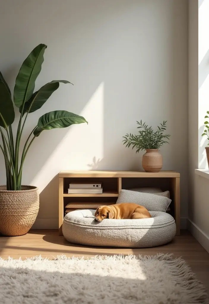 30 Beige and Wood Living Room Decor Ideas for a Soft Natural Style - 23. Beige and Wood Pet Spaces