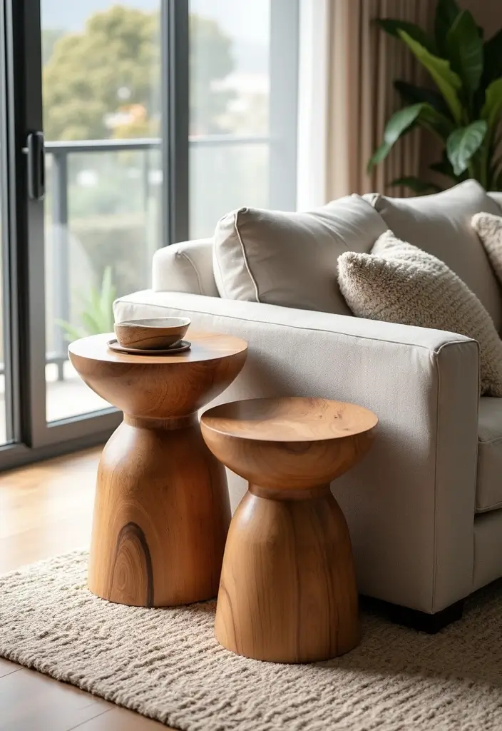 30 Beige and Wood Living Room Decor Ideas for a Soft Natural Style - 24. Natural Wood Side Tables