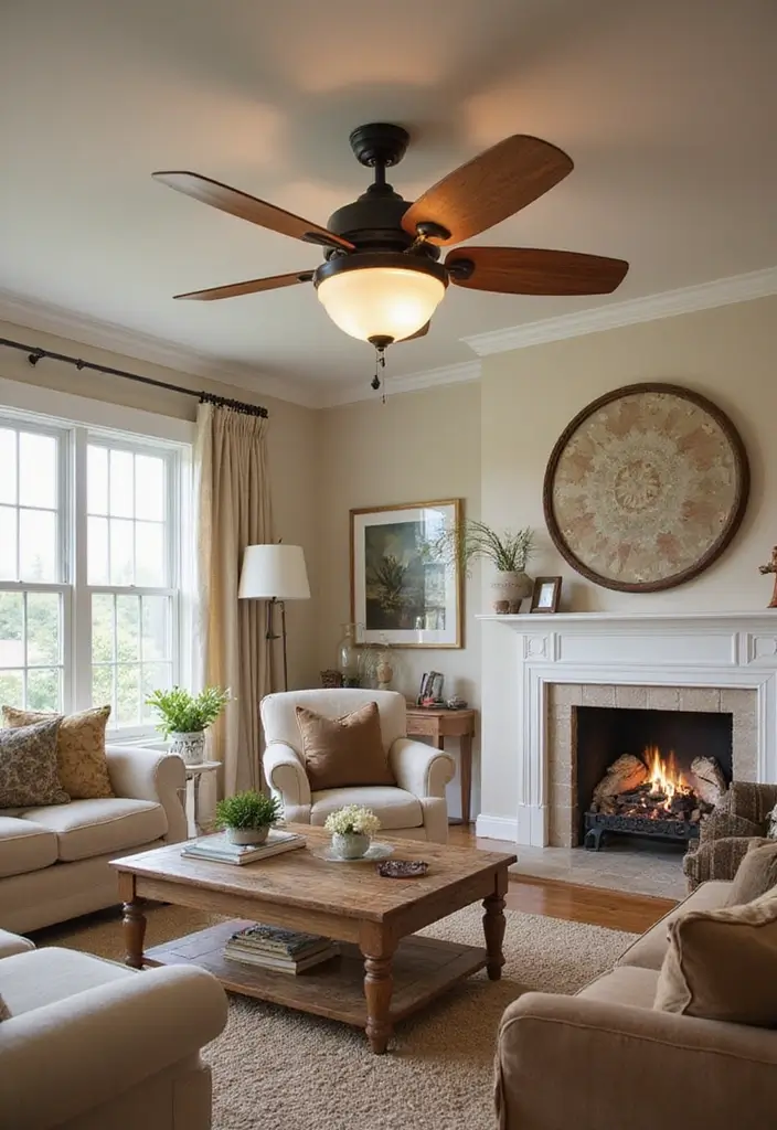 30 Beige and Wood Living Room Decor Ideas for a Soft Natural Style - 26. Warm Ceiling Fans