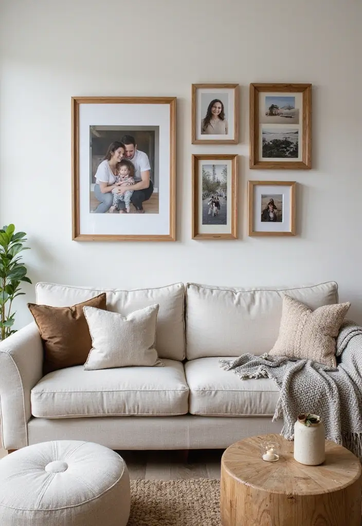 30 Beige and Wood Living Room Decor Ideas for a Soft Natural Style - 27. Stylish Wood Frames